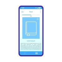 Reading ebooks smartphone app interface vector template. Mobile application page blue design layout. E-reader screen. Virtual library. Online bookstore. Flat UI. Phone display with book