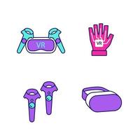 Virtual reality devices color icons set. VR headset and wireless controllers, haptic glove. Isolated vector illustrations