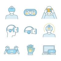 Virtual reality color icons set. VR games players, headsets, controllers, HUD, glove, computer, video. Virtual reality devices. Isolated vector illustrations