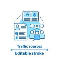 Traffic sources concept icon. Audience growth, engagement rate. Idea thin line illustration. SMM metrics. Web analytics. Customer attraction. Vector isolated outline drawing. Editable stroke