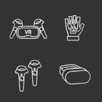 Virtual reality devices chalk icons set. VR headset and wireless controllers, haptic glove. Isolated vector chalkboard illustrations