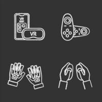Conjunto de iconos de tiza de dispositivos de realidad virtual. auriculares para smartphone vr, controladores inalámbricos, guantes hápticos. ilustraciones de pizarra vector aislado