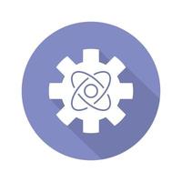 Engineering physics blue violet flat design long shadow glyph icon. Cogwheel and atom structure model. Mechanical engineering. Nano technologies. Nuclear energy using. Vector silhouette illustration