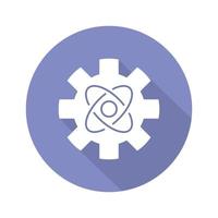 Engineering physics blue violet flat design long shadow glyph icon. Cogwheel and atom structure model. Mechanical engineering. Nano technologies. Nuclear energy using. Vector silhouette illustration