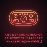 VR headset HUD neon light icon. Head-up display. Game player visual interface. Virtual reality mask, glasses. Glowing sign with alphabet, numbers and symbols. Vector isolated illustration