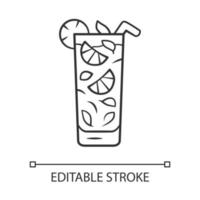 Moxito linear icon. Mojito cocktail in highball glass slice of citrus and straw. Mixed drink with mint, lemon. Thin line illustration. Contour symbol. Vector isolated outline drawing. Editable stroke