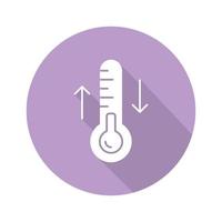 Thermodynamics violet flat design long shadow glyph icon. Temperature fluctuations. Thermal effects. Heating and cooling physical processes. Thermometer measurement. Vector silhouette illustration