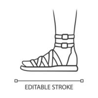 Gladiator sandals linear icon.. Woman stylish footwear design. Female casual shoes, modern summer flats. Editable stroke. Thin line illustration. Contour symbol. Vector isolated outline drawing