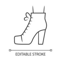 Women lita shoes linear icon. Vintage ladies boots side view. Footwear design for fall and spring. Editable stroke. Thin line illustration. Contour symbol. Vector isolated outline drawing