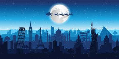 Santa claus fly over world's landmarks to send gift to everyone on Christmas night vector