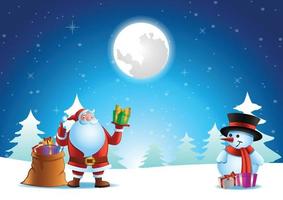 santa claus send gift to snowman at xmas night vector