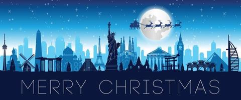 Santa claus fly over world's landmarks to send gift to everyone on Christmas night vector