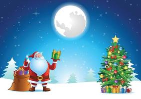 santa claus thumb up and show gift at xmas night vector