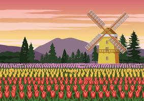 Jardín de tulipanes, símbolo famoso de Holanda y molino de viento con hermosa naturaleza, color vintage vector