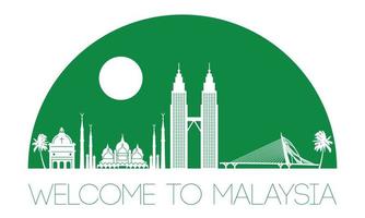 Malaysia famous landmark silhouette style, text within,green color vector