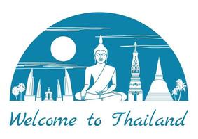 Thailand famous landmark silhouette style inside by blue color half circle shape, text within, vector