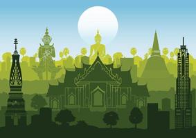 Thailand famous landmark silhouette style with row design on sunset time,green and blue color