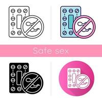 Oral contraceptive icon. Pharmaceutical product to prevent pregnancy. Birth control pills. Safe sex. Medication, prescription. Flat design, linear and color styles. Isolated vector illustrations