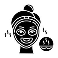 Using thermal mask glyph icon. Skin care procedure. Facial beauty treatment to open up pores. Face product for cleansing effect. Silhouette symbol. Negative space. Vector isolated illustration