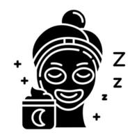 Applying sleeping cream glyph icon. Skin care procedure. Facial treatment. Night cream for relaxation. Everyday beauty routine step. Silhouette symbol. Negative space. Vector isolated illustration