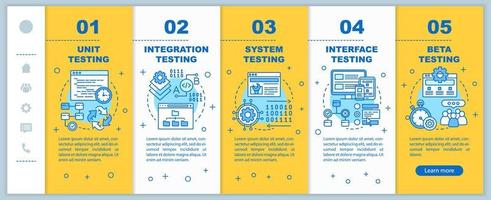 Functional software testing yellow onboarding mobile web pages vector template. Responsive smartphone website interface idea with linear illustrations. Webpage walkthrough step screens. Color concept