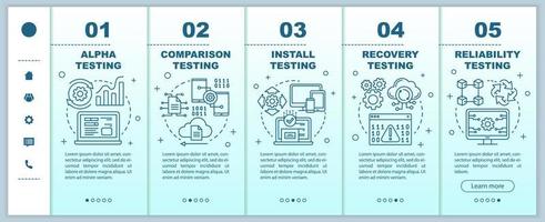 Software performance testing onboarding mobile web pages vector template. Responsive smartphone website interface idea with linear illustrations. Webpage walkthrough step screens. Color concept