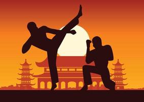 boxeo chino kung fu arte marcial famoso deporte, dos boxeadores pelean juntos con el templo chino vector