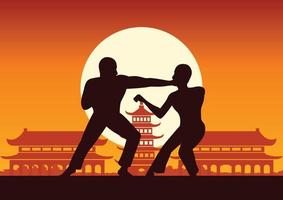Chinese Boxing Kung Fu martial art famous sport,two boxer fight together around with Chinese temple vector