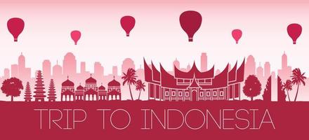 Indonesia famous landmark by balloon float over in flag color tone red silhouette design vector