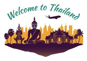 Thailand famous landmark silhouette style on float purple island and green country name text,travel and tourism vector