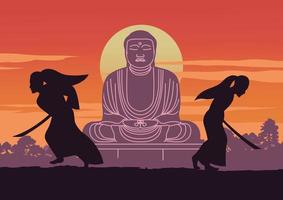 Japanese martial hero ,samurai train fight each other front of ancient Buddha sculpture on sunset time vector