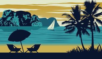 Nature scene of sea in summer,umbrella and cot are on beach,vintage color design vector