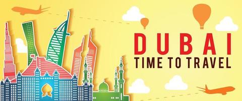 Bandera amarilla del estilo colorido de la silueta del hito famoso de Dubai, el avión y el globo vuelan con una nube vector