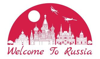 Russia famous landmark silhouette style inside by red color half circle shape, text within vector