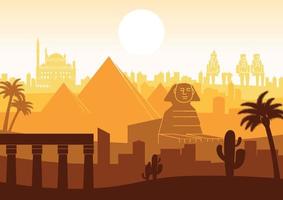 Egypt famous landmark silhouette style with row design on sunset time,orange and brown color vector