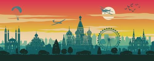 rusia famoso en diseño de paisaje, destino de viaje, diseño de silueta, hora del atardecer en color rojo y verde vector