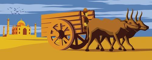cow cart moves past landmark of India, lifestyle of Indian, vintage color vector