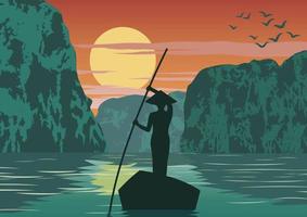man rows boat to come back home by famous landmark of Vietnam, vintage color vector