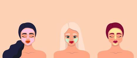 rostros femeninos y máscaras cosméticas de belleza. mujeres con máscaras cosméticas. Ilustración de vector dibujado a mano moderno de personajes femeninos que aplican máscaras faciales de arcilla. concepto de producto de belleza y cuidado de la piel.