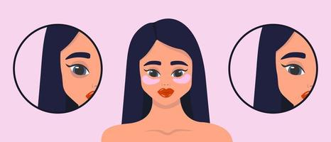 antes y después de los parches de hidrogel para los ojos. parches cosméticos de colágeno para los ojos. parches de ojos rosados para la belleza y el cuidado de la piel. rostro femenino de belleza. ilustración vectorial. vector