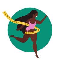 Body positive. Love your body. Happy girl. The girl is losing weight. Measuring tape. Vector. vector