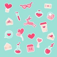 Set of valentine's day symbols on turquoise background. Valentines day pink flat icons - stickers. Symbols of love - heart, valentine, key, lock, message, glasses, bubble, elixir, envelope, balloons.
