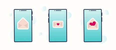 Sending love message concept. Web sites, banners, infographics design. Set of mobile phones with message, heart vector sign icon. Set of vector flat cartoon illustrations for valentine's day.