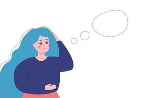 Sad thinking girl with speech bubble. Emotion, face, expression, mental stress, depression, boredom, frustration, fatigue concept. Young unhappy sad frustrated depressed woman. vector