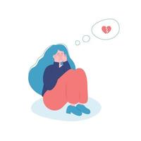 Upset and depressed girl with broken heart or teenager problem puberty. Young sad woman crying sitting on floor with broken heart on speech balloon. Concept of depression and failed relationships. vector