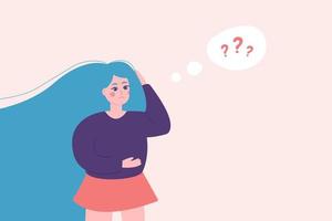 Woman has many questions. Unhappy girl with speech bubble, woman thinks about questions and problems. The concept of psychological problems. Girl with thinking too much, worried, serious, depressed. vector