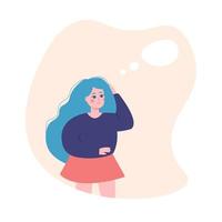 Sad thinking girl with speech bubble. Emotion, face, expression, mental stress, depression, boredom, frustration, fatigue concept. Young unhappy sad frustrated depressed woman. vector