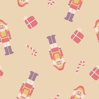 Navidad y año nuevo de patrones sin fisuras con cascanueces y piruletas. diseño de temporada para papel de regalo, tela, tarjetas, invitación, niños, pancarta, póster. vector