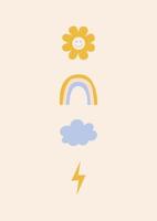 Set of cute vector elements including a flower, rainbow, cloud and lightning