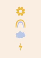 Set of cute vector elements including a flower, rainbow, cloud and lightning